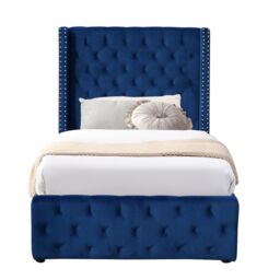 Comfy Living Ltd Winged Plush Velvet Fabric Ottoman Gas Lift Up Storage Bed Frame in Blue - Size: Single - thumbnail 2