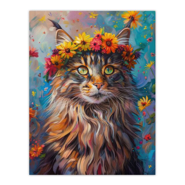 "Artery8 Wall Art Print Hippy Maine Coon Cat in Flower Crown Fun Abstract Poster - Size: W12"" x H16""" - image 1