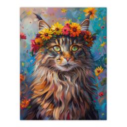 "Artery8 Wall Art Print Hippy Maine Coon Cat in Flower Crown Fun Abstract Poster - Size: W12"" x H16""" - thumbnail 1
