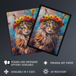 "Artery8 Wall Art Print Hippy Maine Coon Cat in Flower Crown Fun Abstract Poster - Size: W12"" x H16""" - thumbnail 2