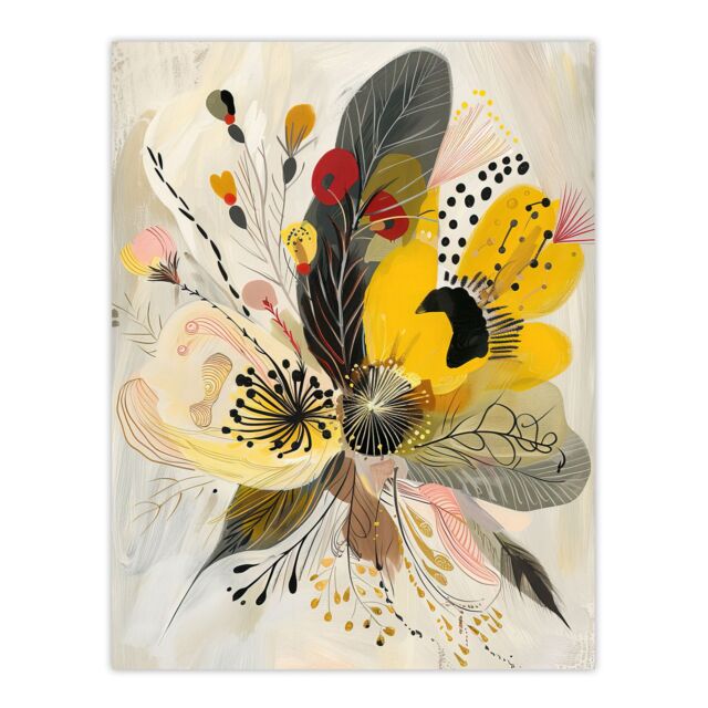 "Artery8 Abstract Flower Bouquet Muted Tones Folk Art Wall Art Print in Beige - Size: W24"" x H32""" - image 1