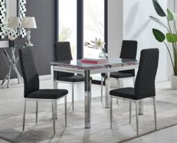 FurnitureboxUK Enna White Glass Extending 4-6 Seater Dining Table & 4 Milan Faux Leather Chairs in Black