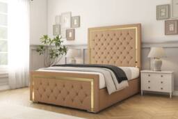 "Sloomy Sofia Gold Dumfries Bed Frame With 50"" Upholstered Headboard in Light Brown - Size: Double" - thumbnail 2