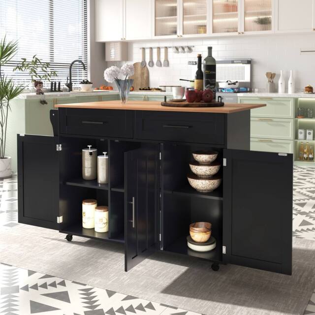Merax Kitchen Island Trolley with Foldable Tabletop, Storage Cabinet Drawers in Black - image 1