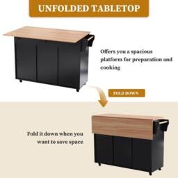Merax Kitchen Island Trolley with Foldable Tabletop, Storage Cabinet Drawers in Black - thumbnail 4
