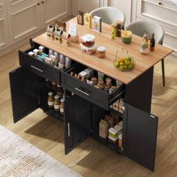 Merax Kitchen Island Trolley with Foldable Tabletop, Storage Cabinet Drawers in Black - thumbnail 2
