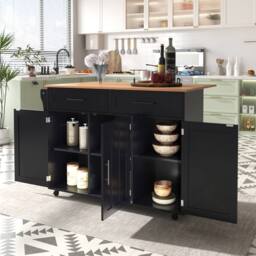 Merax Kitchen Island Trolley with Foldable Tabletop, Storage Cabinet Drawers in Black