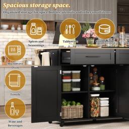 Merax Kitchen Island Trolley with Foldable Tabletop, Storage Cabinet Drawers in Black - thumbnail 5