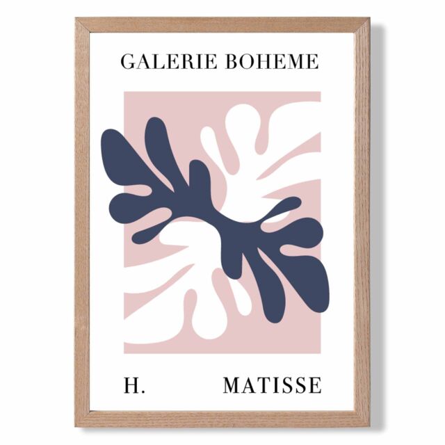 ARTZE Matisse Floral Cutout Pink & Blue Bohemian Framed Print SIZE: A3 with Oak Frame in Navy - Size: A4 - image 1