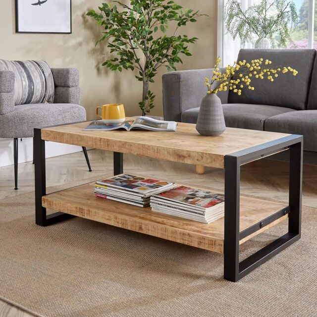 Home Source Industrial Coffee Table Mango Wooden Top Sturdy Iron Frame Home Living in Light Oak - image 1
