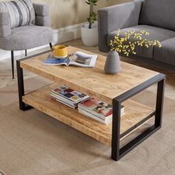 Home Source Industrial Coffee Table Mango Wooden Top Sturdy Iron Frame Home Living in Light Oak - thumbnail 2