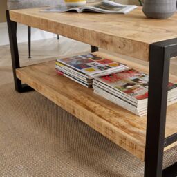 Home Source Industrial Coffee Table Mango Wooden Top Sturdy Iron Frame Home Living in Light Oak - thumbnail 5