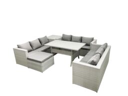 Fimous Rattan Garden Outdoor Furniture Set 10 Seater Garden Sofa Rectangulr Dining Table Set with Big Footstool Side Table Light Grey Mixed - thumbnail 2