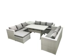 Fimous Rattan Garden Outdoor Furniture Set 10 Seater Garden Sofa Rectangulr Dining Table Set with Big Footstool Side Table Light Grey Mixed - thumbnail 1