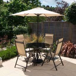 Hectare 4 Seater Dining Set With Parasol Reclining Chairs Glass Table In Mocha in Beige