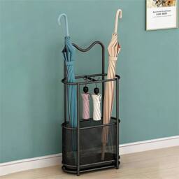 Nordara Freestanding Metal Umbrella Stand with Hooks & Drip Tray Holder in Black - Size: 100 cm x 15 cm
