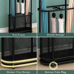 Nordara Freestanding Metal Umbrella Stand with Hooks & Drip Tray Holder in Black - Size: 100 cm x 15 cm - thumbnail 6