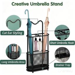 Nordara Freestanding Metal Umbrella Stand with Hooks & Drip Tray Holder in Black - Size: 100 cm x 15 cm - thumbnail 4