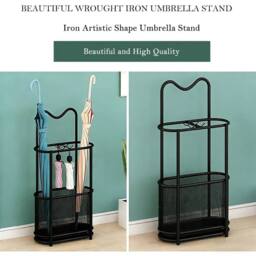 Nordara Freestanding Metal Umbrella Stand with Hooks & Drip Tray Holder in Black - Size: 100 cm x 15 cm - thumbnail 3