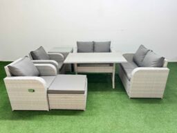Fimous 7 Seater Outdoor Reclining Chair Love Sofa Set Rattan Garden Furniture Set with Rectangular Dining Table Footstool Side Table Light Grey - thumbnail 2
