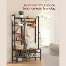 Kelvenix Large Rustic Hall Tree Coat Stand Shoe Rack Bench in Brown - thumbnail 1