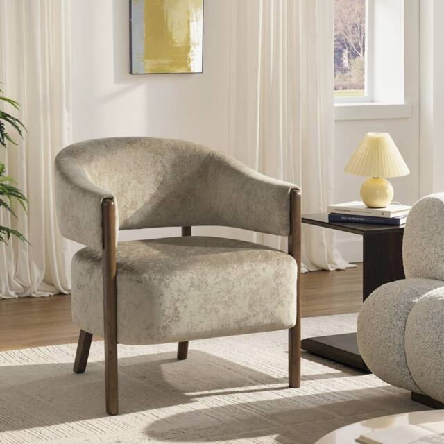 HOMCOM Accent Chair, Upholstered Armchair with Solid Wood Legs, Light Brown - image 1