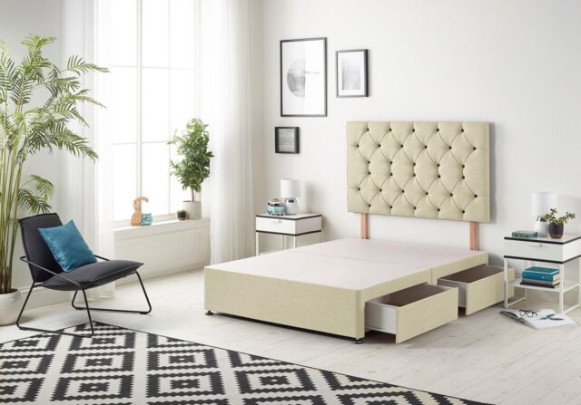 Somnior Premier Divan Bed Base With 4 Drawers & Headboard Linen in Cream - Size: Super King - image 1