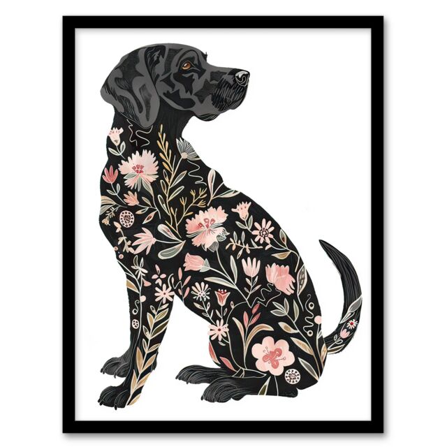"Artery8 Dog Lover Black Labrador with Floral Pattern Fur Framed Wall Art - Size: W12"" x H16""" - image 1