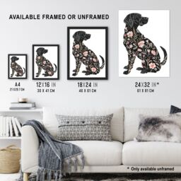 "Artery8 Dog Lover Black Labrador with Floral Pattern Fur Framed Wall Art - Size: W12"" x H16""" - thumbnail 3