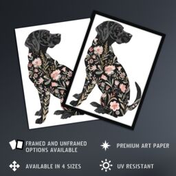 "Artery8 Dog Lover Black Labrador with Floral Pattern Fur Framed Wall Art - Size: W12"" x H16""" - thumbnail 2