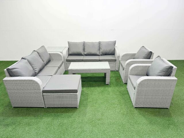 Fimous PE Rattan High Back Lounge Sofa Set Patio Oblong Coffee Table & Chairs Set w/ 3 Seater Sofa Reclining Chair Big Footstool Side Table Light Grey - image 1