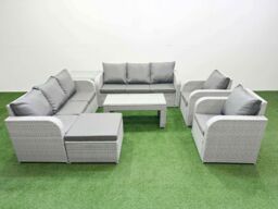 Fimous PE Rattan High Back Lounge Sofa Set Patio Oblong Coffee Table & Chairs Set w/ 3 Seater Sofa Reclining Chair Big Footstool Side Table Light Grey - thumbnail 2