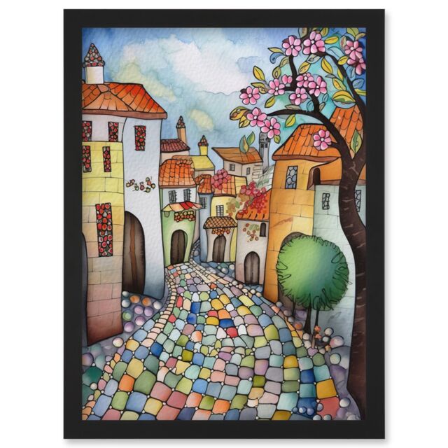 Artery8 Village Cobbled Street Cherry Blossom Folk Art Artwork Framed Wall Art Print A4 in Black - image 1