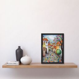 Artery8 Village Cobbled Street Cherry Blossom Folk Art Artwork Framed Wall Art Print A4 in Black - thumbnail 2