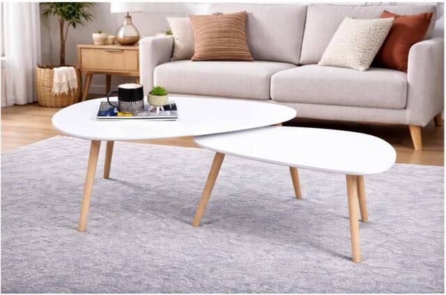 SPOT ON DEALZ Nest of 2 White Coffee Tables Tear Drop MDF Top Pine Wood Legs - image 1