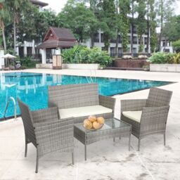 Alivio 4 Seater Rattan Furniture Set with Coffee Table & Anti-UV Cushions for Indoor Outdoor Patio Garden - Grey - thumbnail 1