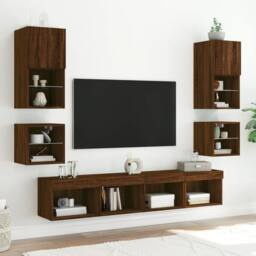 Berkfield Home Bedside Cabinets with LED Lights Wall-mounted 2 pcs Brown Oak - thumbnail 5
