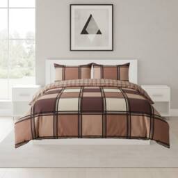 Snug City Box Print Duvet Cover Set Contemporary Square Pattern Bedding in Chocolate - Size: Super King