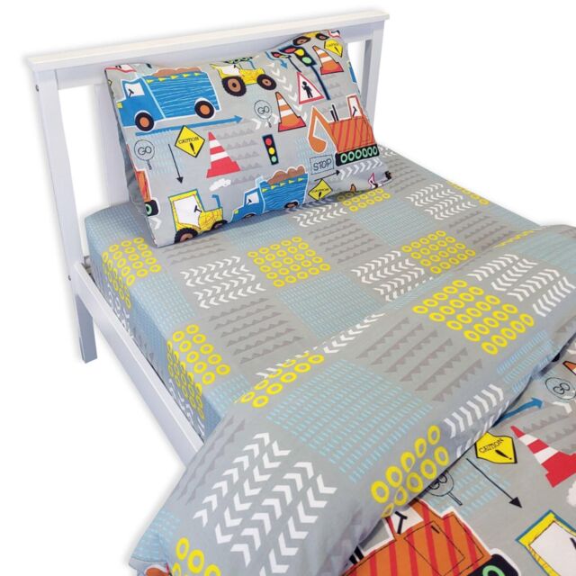 Happy Linen Company Kids Fitted Sheet For Big Digger Construction Bedding in Grey - Size: Double Fitted - image 1