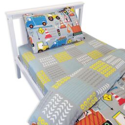 Happy Linen Company Kids Fitted Sheet For Big Digger Construction Bedding in Grey - Size: Double Fitted - thumbnail 1