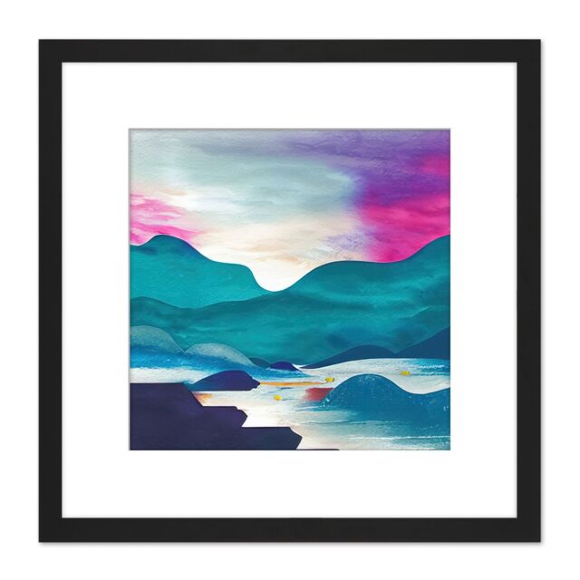 Artery8 River Landscape With Hills At Sunset Blue & Purple Watercolour Illustration Square Wooden Framed Wall Art Print Picture 8X8 Inch in Black - image 1