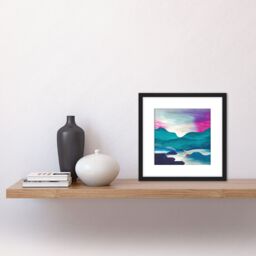 Artery8 River Landscape With Hills At Sunset Blue & Purple Watercolour Illustration Square Wooden Framed Wall Art Print Picture 8X8 Inch in Black - thumbnail 2