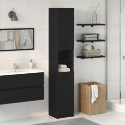 Berkfield Home Black Oak Bathroom Cabinet - 32x34x188.5 cm, Made from Engineered Wood - Size: 32x34x188.5 cm - thumbnail 1