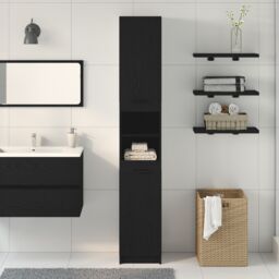Berkfield Home Black Oak Bathroom Cabinet - 32x34x188.5 cm, Made from Engineered Wood - Size: 32x34x188.5 cm - thumbnail 4