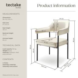 tectake Armchair Doe Set Of 6 - Velvet Look Off-White - Size: 6 Pack - thumbnail 6