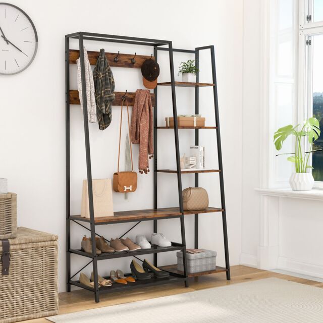 Costway Hall Tree with Storage Bench Industrial Coat Rack Shoe Bench with 9 Hooks in Brown - image 1