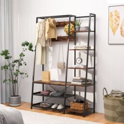 Costway Hall Tree with Storage Bench Industrial Coat Rack Shoe Bench with 9 Hooks in Brown - thumbnail 5