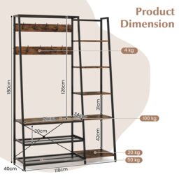 Costway Hall Tree with Storage Bench Industrial Coat Rack Shoe Bench with 9 Hooks in Brown - thumbnail 3