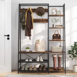 Costway Hall Tree with Storage Bench Industrial Coat Rack Shoe Bench with 9 Hooks in Brown - thumbnail 4