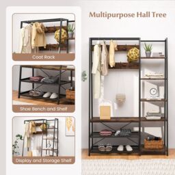 Costway Hall Tree with Storage Bench Industrial Coat Rack Shoe Bench with 9 Hooks in Brown - thumbnail 6